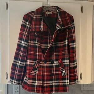 Dress Barn Red and Black Plaid Pea Coat